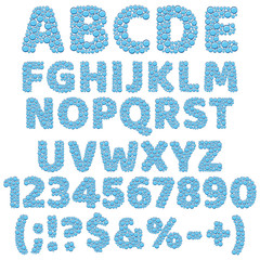 Alphabet, numbers and signs made of bubbles. Isolated vector objects on a white background.