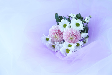 ピンクのピンポンマムと白の小菊の花束（パープルのチュールの背景）