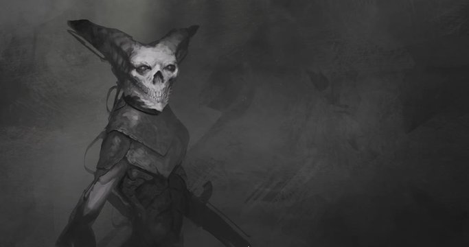 Moving painting of skull headed space alien warrior creature with sci-fi gun for a hand creeping across an abstract environment - animated digital fantasy illustration