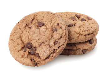 Chocolate chip cookies isolated on white background. Full depth of field.