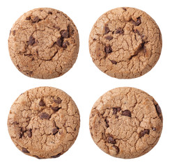 A set of chocolate chip cookies isolated on white background. Top view.