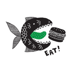 A fictional monster fish with an open mouth and tongue. Burger in its mouth. Phrase Eat. Conceptual design for t-shirts and other merch. Black and white illustration.