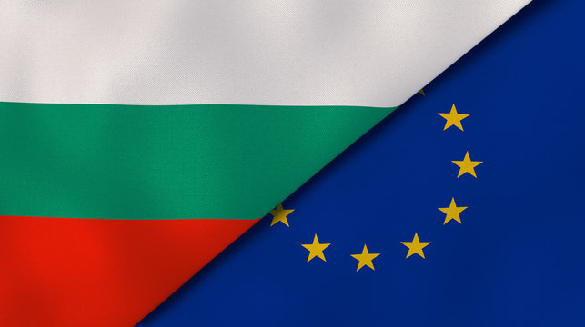 The flags of Bulgaria and European Union. News, reportage, business background. 3d illustration