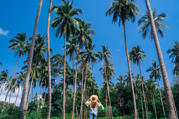 Girl in straw hat against the background of tropical coconut trees and blue sky. Walk in the Rainforest on the island. The girl was photographed from the back