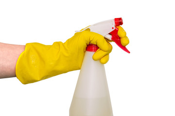 Sprayer for cleaning and disinfection of office and home. A hand in a yellow glove holds a spray with a dispenser. Spray bottle isolated on a white background.