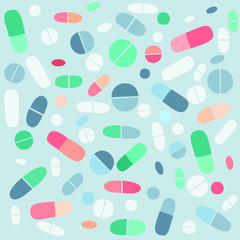 Medication pills and capsules pattern texture in blue red green pastel colors illustration vector