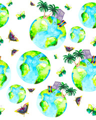 Seamless pattern with a bright planet Earth, green palm trees, sun loungers and a cottage. Watercolor illustration for textiles, Wallpapers and colorful backgrounds on the theme of rest and relaxation