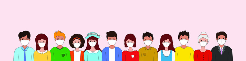 Group of people wearing medical masks to prevent disease, flu, air pollution, contaminated air, world pollution. Vector illustration in a flat style