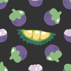 Seamless pattern with hand drawn durian fruit & mangosteens. Doodle style cartoon fruits isolated on gray background. Repeating texture of vegetarian, vegan food wrapping, decoration, smoothie, juice.