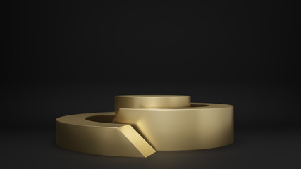 3d render of gold pedestal steps isolated on black background, golden circle stage, abstract minimal concept, blank space, simple clean design, luxury minimalist mockup