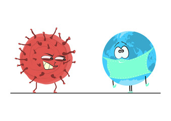 Cartoon planet earth in a mask against coronavirus. Flat vector.