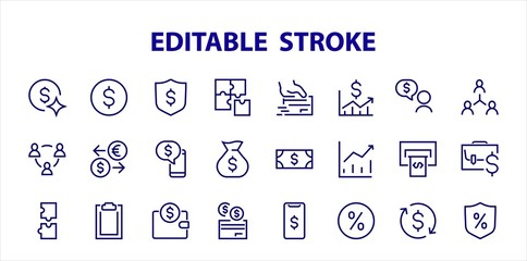 Set of business vector line icons. It contains user symbols, dollar pictograms, gears, briefcase, puzzles, envelope, percentage, messages, schedule, and more. Editable Bar 460x460 pixels.