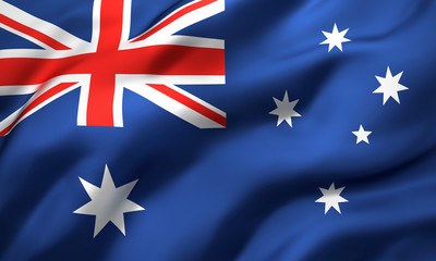 Flag of Australia blowing in the wind. Full page Australian flying flag. 3D illustration.