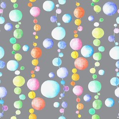 Colorful watercolor bubble garlands on grey background: tender seamless pattern, wallpaper design, textile print.
