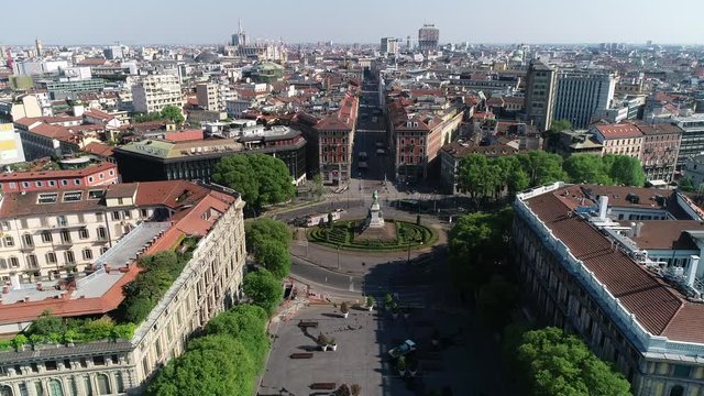 Europe, Italy , Milan - Drone aerial view of Cairoli square and Via Dante downtown  empty of people , city skyline during n-cov19 Coronavirus outbreak pandemic