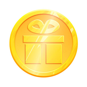 Gold coin Gift box icon for concept design. present Simple isolated pictogram. Christmas decoration Graphic element. Surprise Metal Vector logo. Giftbox package silhouette