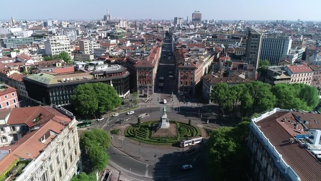 Europe, Italy , Milan - Drone aerial view of Cairoli square and Via Dante downtown  empty of people , city skyline during n-cov19 Coronavirus outbreak pandemic