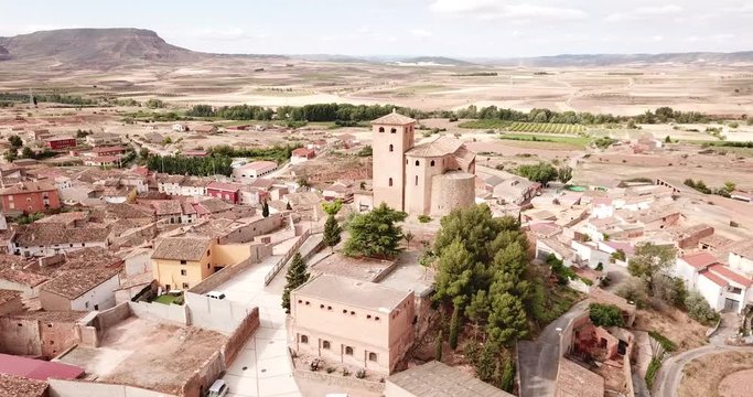 Aerial view of gothic Mudejar Catholic parish church of Santa Tecla in Spanish village Cervera de la Canada