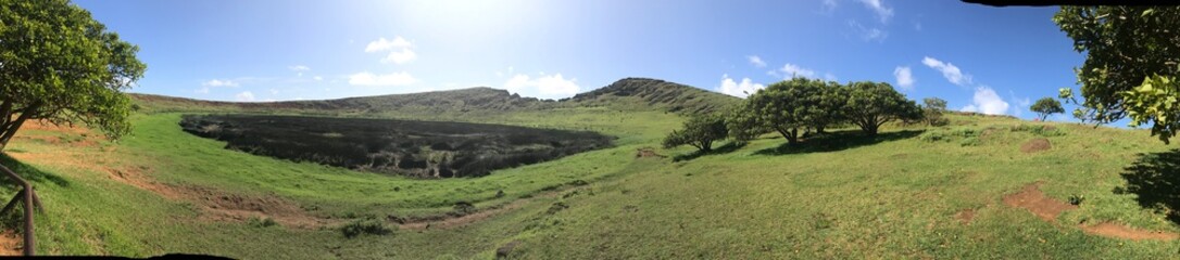 panorama of rolling green hills with blue sky and white clouds mid-day