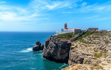 View on lighthouse by Cabo de Sao Vicente. Sagres, Algarve, Portugal Cabo de Sao Vicente. Sagres,...
