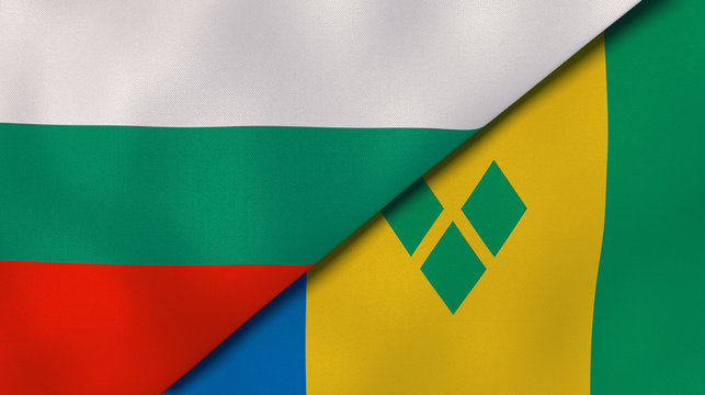 The flags of Bulgaria and Saint Vincent and Grenadines. News, reportage, business background. 3d illustration