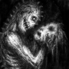A scary demon holds a mask from a human face and smiles. Illustration in horror genre with coal and noise effect. Black and white background colors.