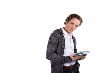 Young attractive student and textbooks. White background.