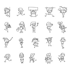 Set of hand drawing doodle happy kids cartoon character abstract people match stick style