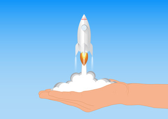 Fototapeta premium Hand launching rocket, business innovation startup concept vector illustration