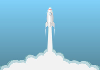 Rocket launching on blue sky background, business innovation startup concept vector illustration