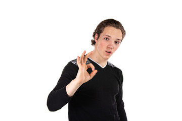 Young attractive student and textbooks. White background.