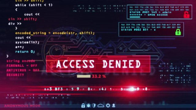 Cyber attack and illegal access on computer screen. Breach network security, hacking, cybercrime, piracy and data theft concept 3d animation with glitch effect.