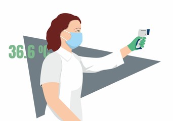 A masked doctor remotely measures the temperature