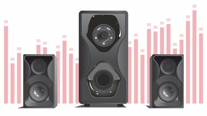 Music speakers with subwoofer. Vector black and gray, very loud. Pink equalizer on background