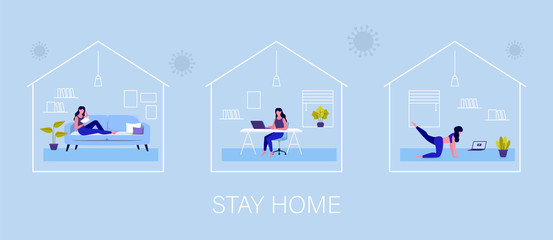 Stay home. Quarantine Coronavirus. Young woman reading book, working from home and doing yoga. Vector