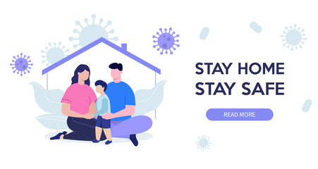 Family stay home. Coronavirus Quarantine. Mom, dad, son. Vector