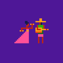 Fototapeta premium 8bit latino, couple with the national costume, man with guitar and dancing woman. Logo of the dance school, design for stickers, mobile app and embroidery. 8-bit.