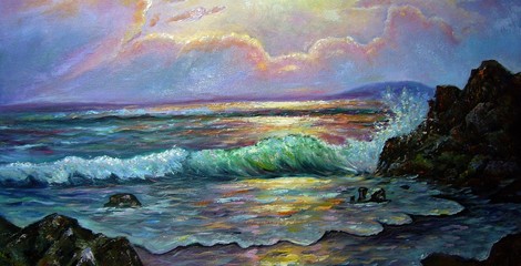 Beautiful Evening Sea Oil Painting , windy seashore , coast , seascape