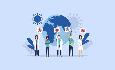 Coronavirus Covid 2019. World pandemic. Doctors and nurses protest. Vector