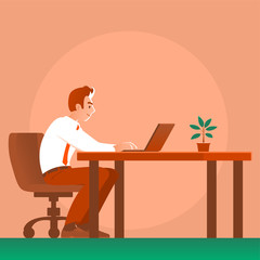 A business man in a tie sits at a table and works on a laptop. Vector illustration in cartoon style.

