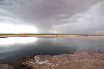 Obraz premium Stormy clouds above Cejar Lagoon, San Pedro de Atacama, Atacama Desert, Chile