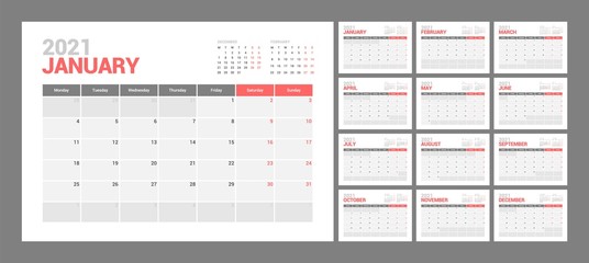Wall calendar template for 2021 year. Planner diary in a minimalist style. Week Starts on Monday. Set of 12 Months. Ready for print. - obrazy, fototapety, plakaty