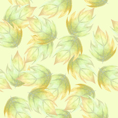 Green-yellow watercolor leaves on yellow background: floral seamless pattern, tender autumn wallpaper design and textile print.