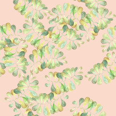 Green watercolor leaves on pale-pink background: floral seamless pattern, tender wallpaper design and textile print.