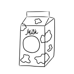 Milk carton box packet with cow spots isolated on white. Fresh dairy products concept. Simple vector illustration in cartoon doodle style. Farming industry, production, selling, label