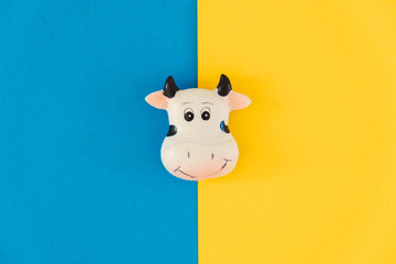 Cow icon on blue and yellow background. Minimal concept. Top view. Copy, empty space for text