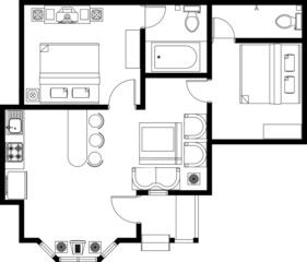 2D CAD layout plan drawing of a house with a double bedroom complete with two bathrooms, kitchen and living room. Drawing produced in black and white. 
