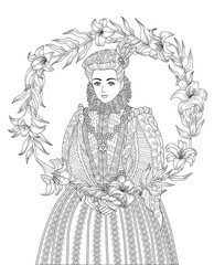 Coloring book for adults with medieval lady