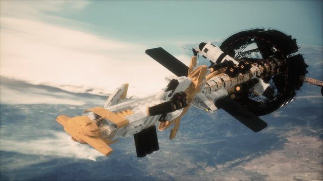 futuristic spaceship near the Earth. Elements of this image furnished by NASA