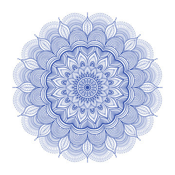 Floral vector mandala for your design. Decorative element for cards, posters, invitations, flyers, yoga, meditation. Islamic, Arab, Ottoman motifs. Round blue mandala on a white isolated background.